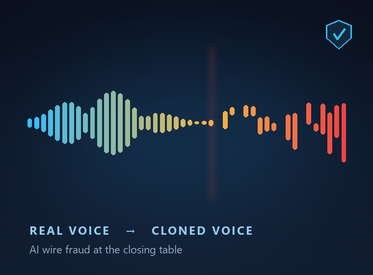Audio waveform of a real voice degrading into a cloned, fake voice — AI wire fraud at the closing table